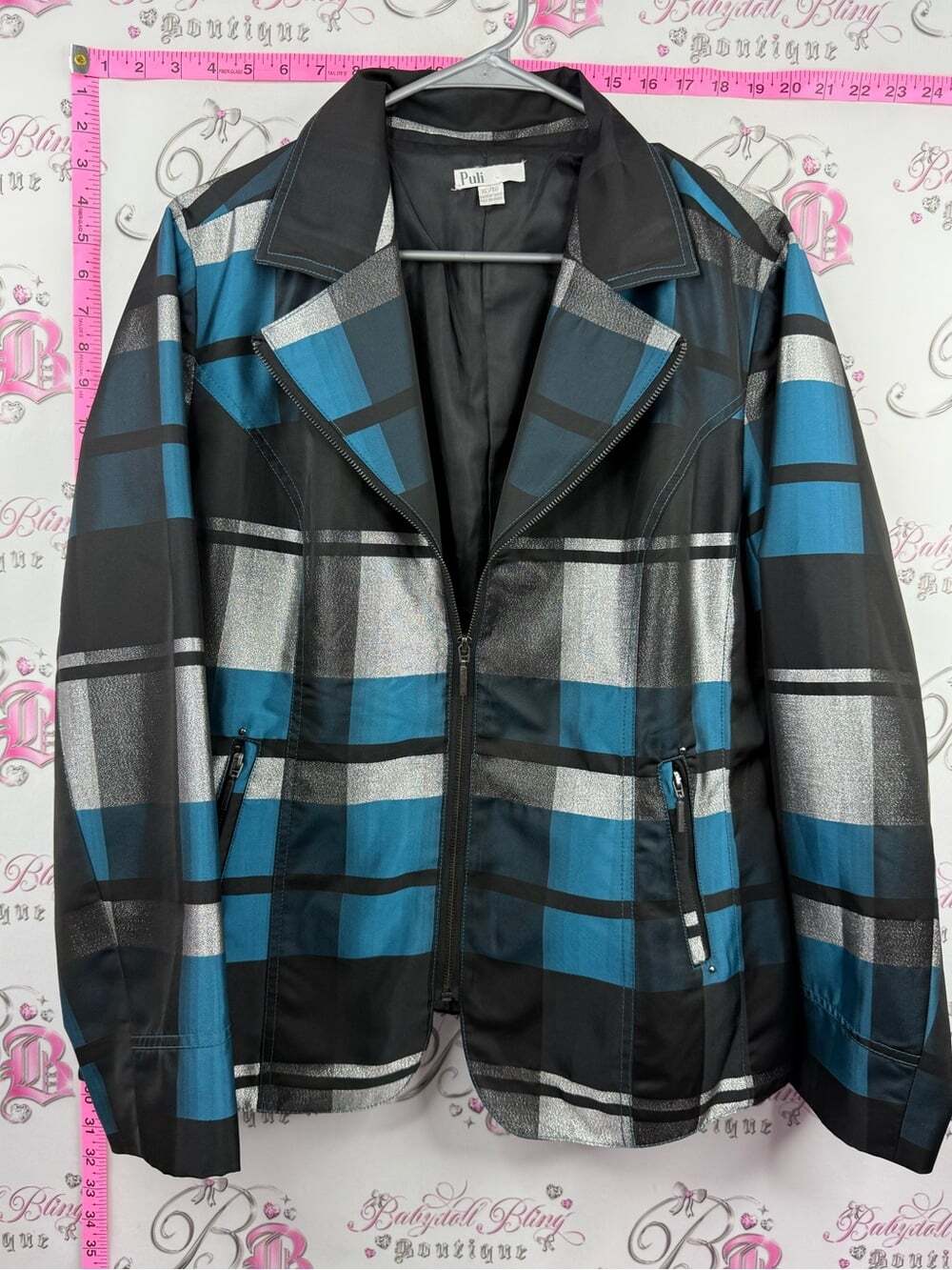 Puli coat jacket blazer Teal, Black & Silver Plaid Zip Jacket